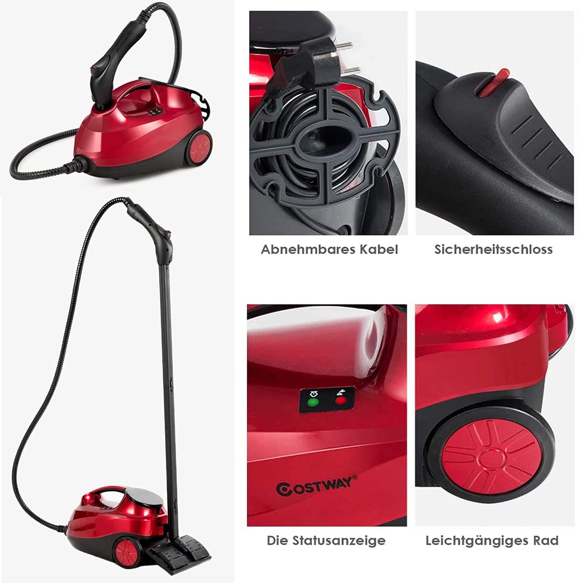 RELAX4LIFE Dampfreiniger 2000W, Bodendampfreiniger mit 19 Zubehör/ 4 Bar/Tank 1,5 L/Dampfzeit bis 45 Min./ bis 108°C/LED-Licht/ 3,7 m Netzkabel/Überhitzungsschutz/ IPX4, für Böden Teppiche (Rot)