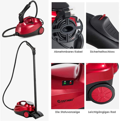 RELAX4LIFE Dampfreiniger 2000W, Bodendampfreiniger mit 19 Zubehör/ 4 Bar/Tank 1,5 L/Dampfzeit bis 45 Min./ bis 108°C/LED-Licht/ 3,7 m Netzkabel/Überhitzungsschutz/ IPX4, für Böden Teppiche (Rot)