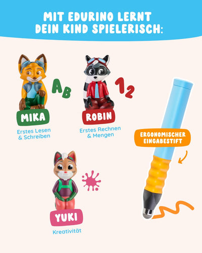Edurino 3-in-1 Starterset | 3 Lernspiele | ab 4 Jahren | Digitales Lernspiel mit Mika Erstes Lesen & Schreiben, Robin Erste Zahlen & Mengen, Yuki Kreativität inkl. Stift