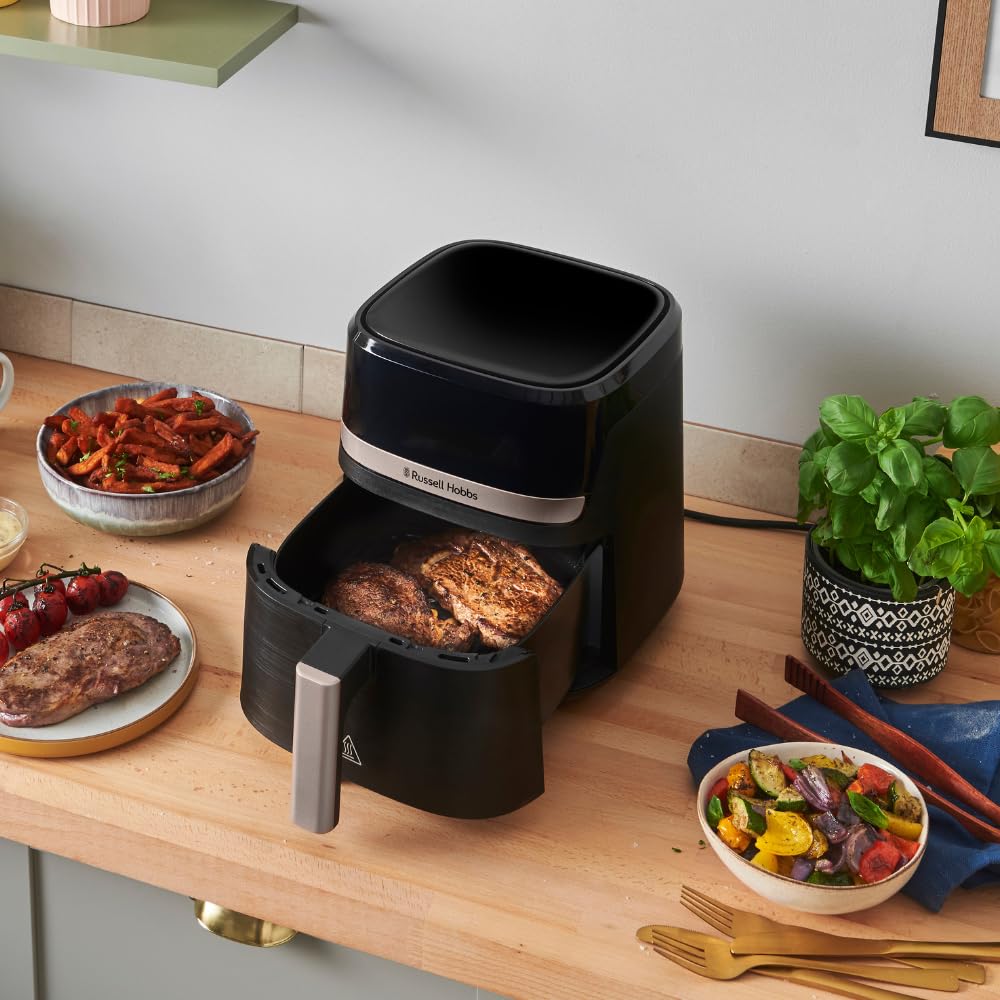 Russell Hobbs Heißluftfritteuse L 4,3L Rapid AirFryer [sehr kleines Gehäuse, sehr leise, 9 Programme] SatisFry (spülmaschinenfest, Fritteuse ohne Öl, TouchScreen, Grillen, Backen, Braten etc) 27610-56