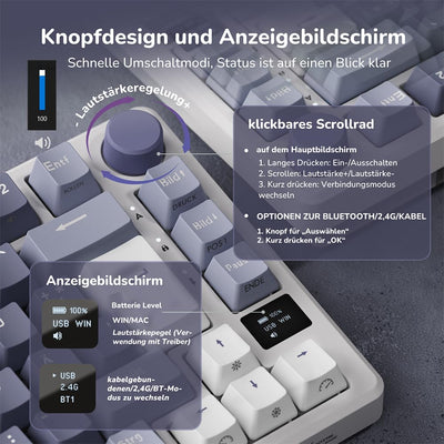 RK ROYAL KLUDGE M75 Gaming Tastatur kabellos 75% TKL Mechanische Tastatur RGB 2,4 GHz Wireless/Bluetooth/USB-C QWERTZ mit OLED-Smart-Display und Knopf Hot Swappable Roter Schalter, Lavendelviolett