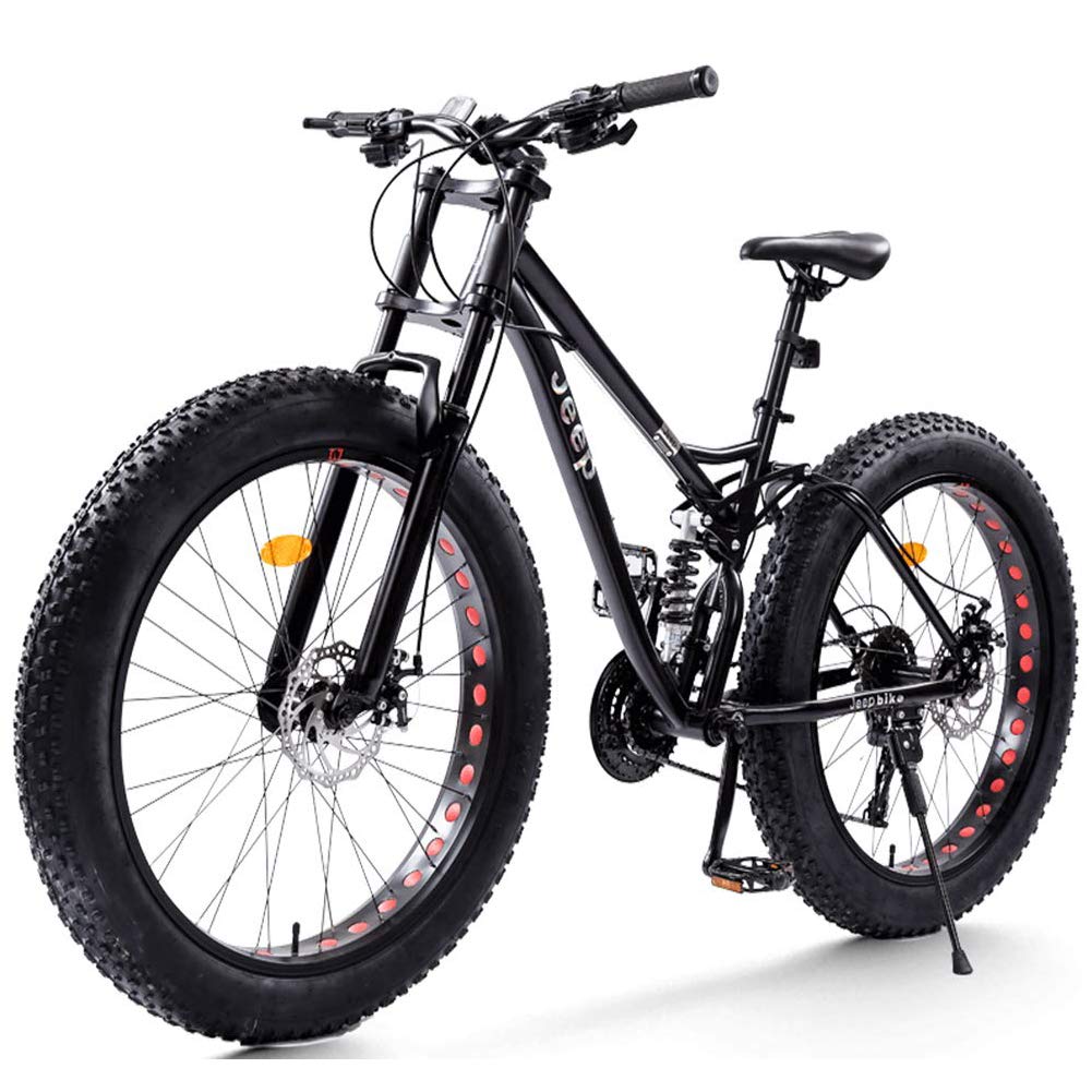 Wmmner 26 Zoll Mountainbikes Mit Doppelfederung Für Erwachsene Männer Frauen, Fettreifen Anti-Rutsch Mechanische Scheibenbremsen Mountainbike, All Terrain High Carbon Steel Bike, Rot, 27 Geschwindigke