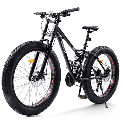Wmmner 26 Zoll Mountainbikes Mit Doppelfederung Für Erwachsene Männer Frauen, Fettreifen Anti-Rutsch Mechanische Scheibenbremsen Mountainbike, All Terrain High Carbon Steel Bike, Rot, 27 Geschwindigke