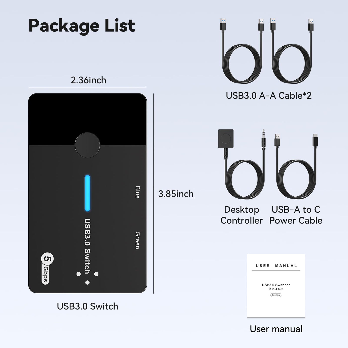 AILVLVNG USB 3.0 Switch 2 PC Sharing USB C & A Geräte, USB Schalter 2 In 4 Out Sharing Tastatur Maus und Drucker USB Umschalter für 2 Computer mit Desktop Controller und 2 USB 3.0 Kabel