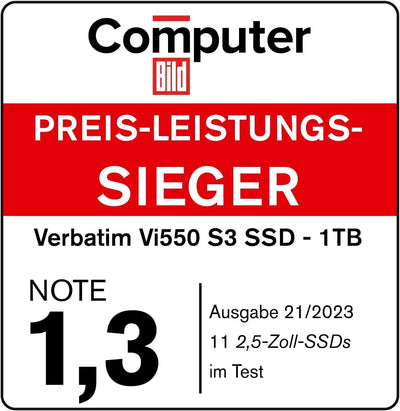Verbatim Vi550 S3 SSD, internes SSD-Laufwerk mit 2 TB Datenspeicher, Solid State Drive mit 2,5'' SATA III Schnittstelle und 3D-NAND-Technologie, schwarz