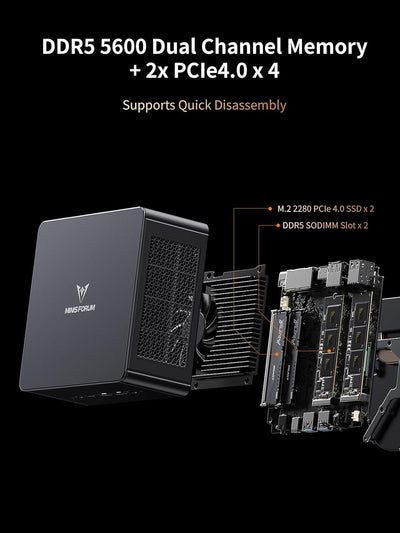 MINIS FORUM UM890 Pro Mini PC, AMD Ryzen 9 8945HS Prozessor, 8 Kerne/16 Threads bis zu 5,2 GHz, AMD Radeon 780M, 64 GB DDR5 bis zu 5600 MHz/1 TB SSD, HDMI/DP/USB4 × 2, RJ45 2,5 G × 2, Oculink Port