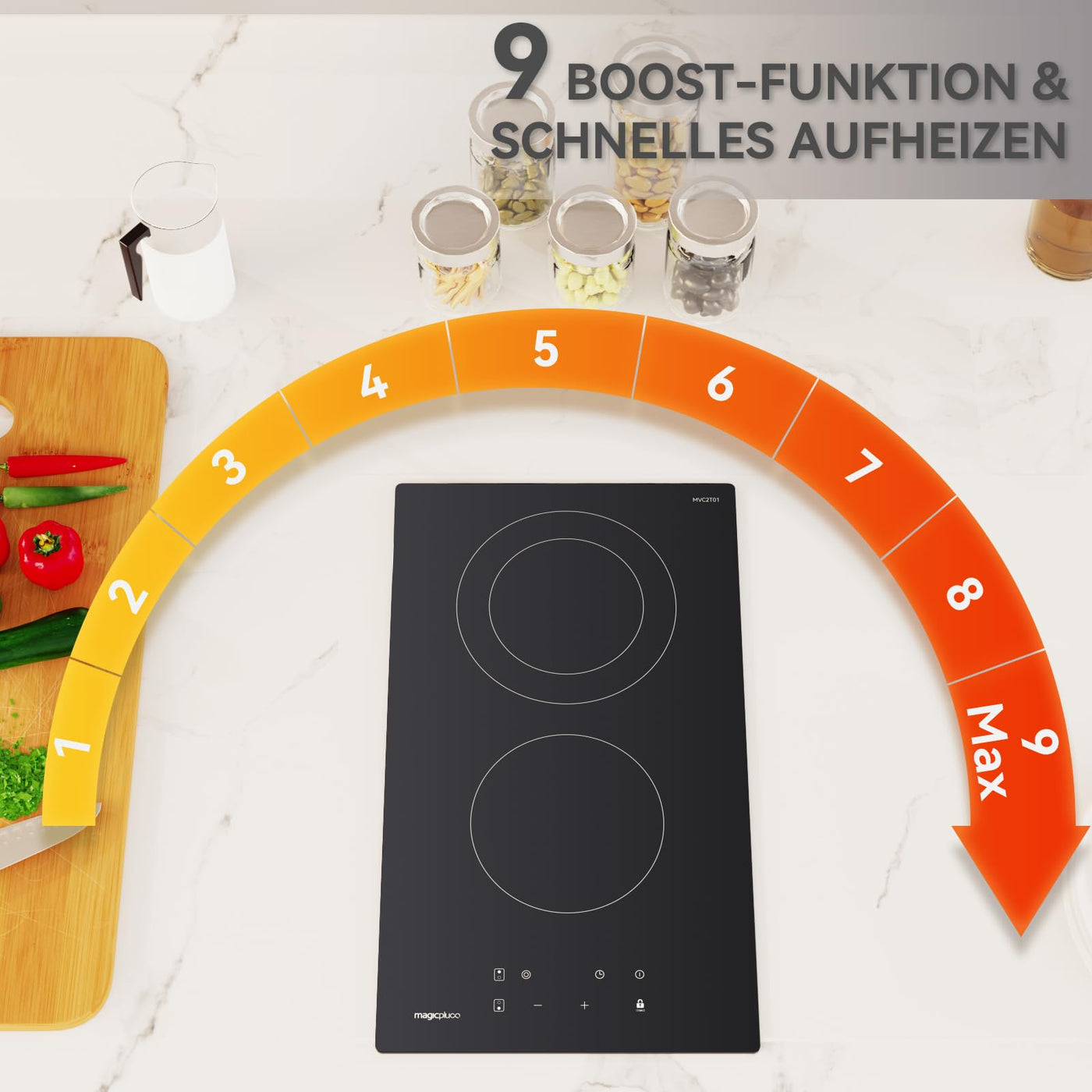 magicplux Glaskeramikkochfeld mit 2 kochfelder 29,5cm, 9 Heizstufen, Berührungssteuerung, Kindersicherung, Timer, Geeignet für alle Kochgeschirre, 3400W