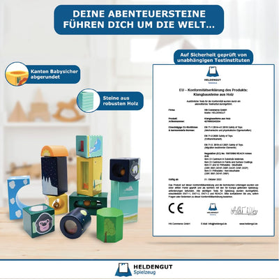 HELDENGUT® ‘Um-Die-Welt’ Klangbausteine für Babys - Baby Bausteine aus hochwertigem Bauklötze Holz - Pädagogisches Montessori Spielzeug Baby ab 1 Jahr für Mädchen & Junge