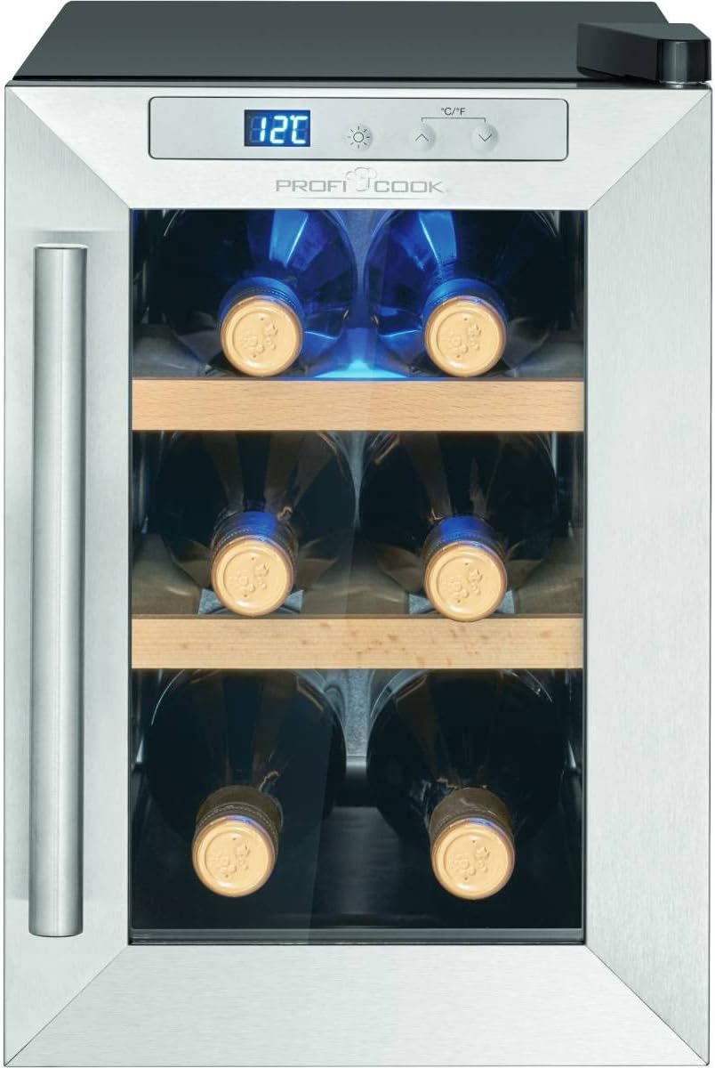 ProfiCook Weinkühlschrank | 6 Flaschen | Getränkekühlschrank | UV-beständige Glastür | Weinkühler | LED-Beleuchtung | 3 Lagerebenen - Davon 2 herausnehmbar | 11-18°C | PC-WK 1231
