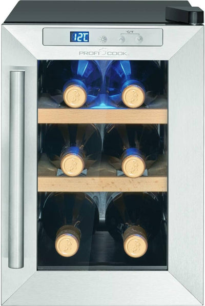 ProfiCook Weinkühlschrank | 6 Flaschen | Getränkekühlschrank | UV-beständige Glastür | Weinkühler | LED-Beleuchtung | 3 Lagerebenen - Davon 2 herausnehmbar | 11-18°C | PC-WK 1231