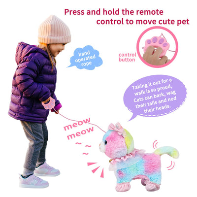 RuiDaXiang Plüschtierkatze mit Ferngesteuerter Leine, realistische interaktive Haustierkatze,die läuft und inklusive Katzenzubehör(Bunt Katze)