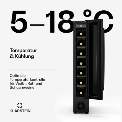 Klarstein Vinovilla 7 Uno Weinkühlschrank Einbau - 7 Flaschen, 1 Zone, 5-18 °C, LED-Beleuchtung, Leiser Betrieb, Mattschwarz, Schmaler Weinkühlschrank