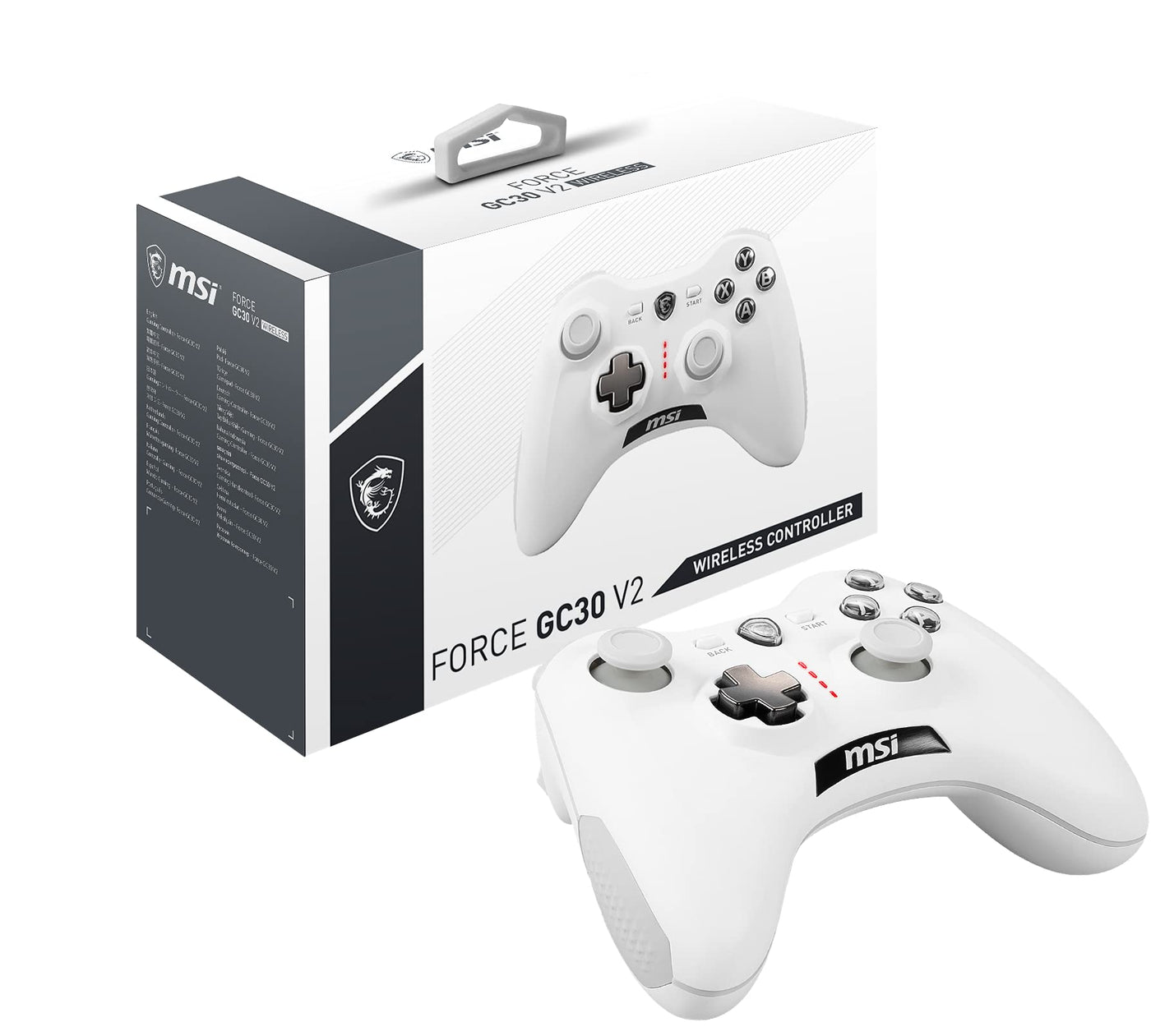 MSI FORCE GC30 V2 WHITE Kabelloser PC Gamepad Controller - 2,4 GHz, 600mAh Li-Ion Akku, austauschbare D-Pad Abdeckungen, zwei Vibrationsmotoren, USB 2.0 - weiß, kabelgebunden/kabellos