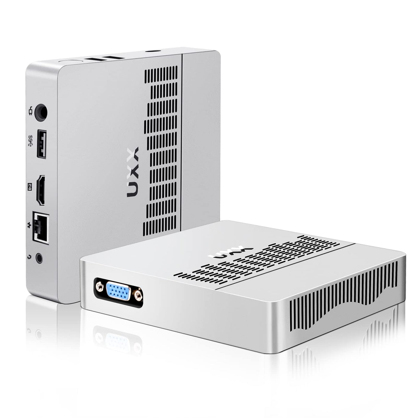 UXX Mini PC Unterstützung 512GB M.2 SSD Erweiterung, N3350 Micro Desktop Computer 64GB eMMC, Gaming PC 4K UHD Dual Display, BT, 2.4/5G WiFi, USB 3.0, HD für Büro/Home (silbrig)