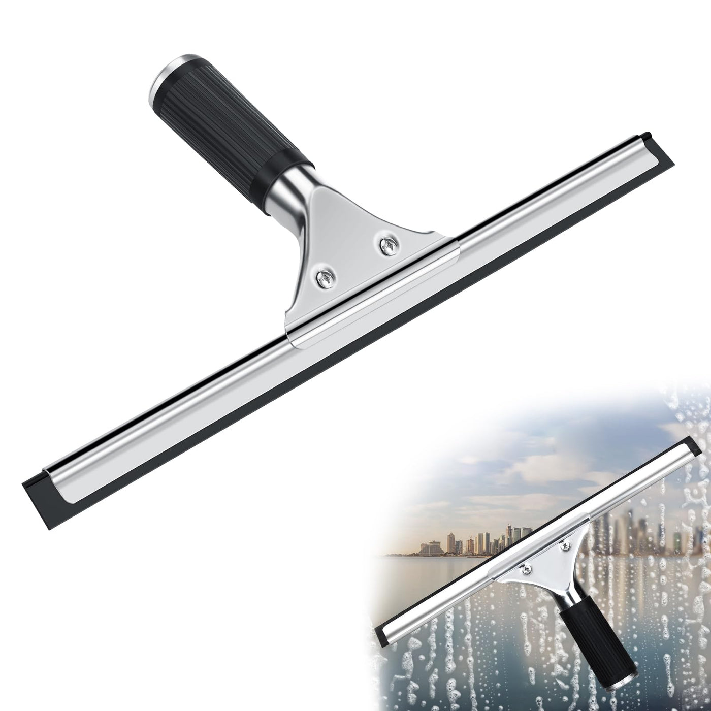 25cm Fensterabzieher Profi, Edelstahl Fensterwischer mit Gummilippe, Duschabzieher Schwarz für Dusche,Badezimmer,Spiegel,Glas-Reinigung,Fliesen, Fensterreinigung, Duschabzieher, Fensterreiniger