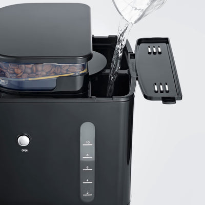 SEVERIN Kaffeemaschine mit Mahlwerk, Kaffeeautomat mit Glaskanne und Timer-Funktion, auch als Filterkaffeemaschine, für bis zu 10 Tassen Kaffee, 1000 Watt, schwarz/ Edelstahl, KA 4813