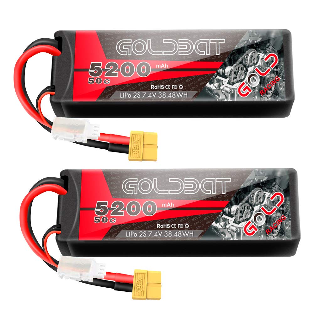 GOLDBAT 2S Lipo RC Akku 7,4V 50C 5200mAh LiPo Akku Hardcase Pack mit XT60 Stecker für RC Auto Evader RC Hubschrauber RC Truggy Buggy Evader BX Auto LKW Truck RC Hobby (2Packs)