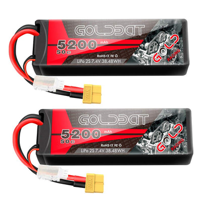 GOLDBAT 2S Lipo RC Akku 7,4V 50C 5200mAh LiPo Akku Hardcase Pack mit XT60 Stecker für RC Auto Evader RC Hubschrauber RC Truggy Buggy Evader BX Auto LKW Truck RC Hobby (2Packs)