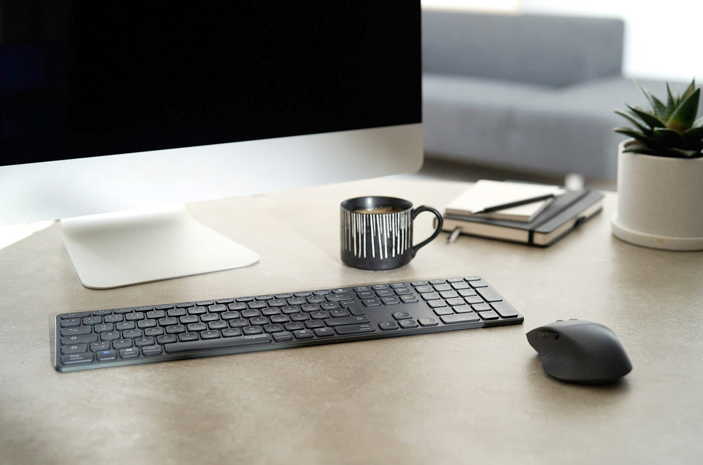 Rapoo 9800M kabelloses Tastatur-Maus Set Wireless Deskset 1600 DPI Sensor wiederaufladbarer Akku flaches Aluminium Design DE-Layout QWERTZ PC & Mac - dark grey