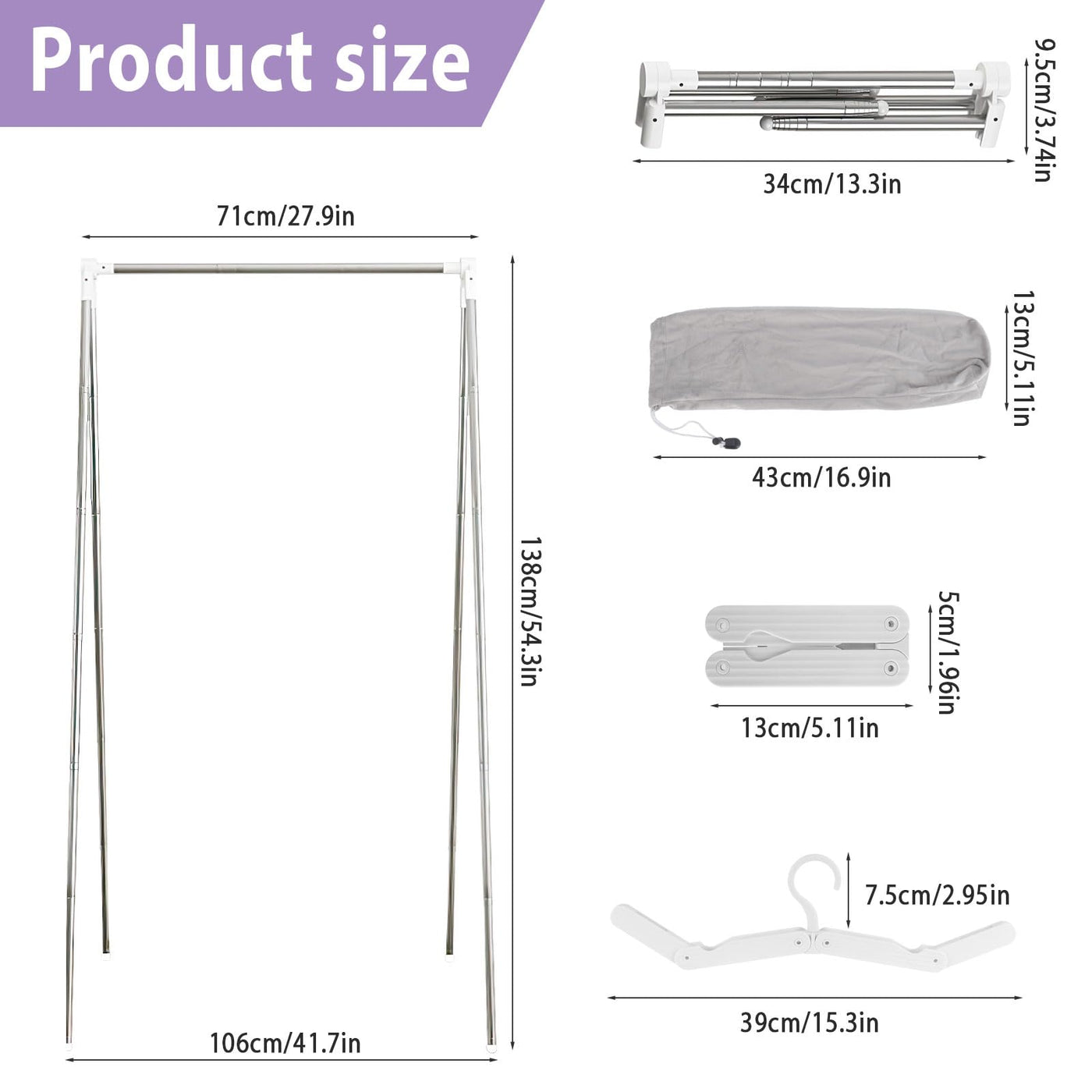 JABNOW Tragbarer Kleiderständer Klappbar,13-28 Zoll Teleskop Wäscheständer Mit 2 Klappbügeln,Verstellbarer Reise kleiderständer,Wäscheständer Klein Klappbar aus Edelstahl für Reisen,Camping,Zuhause