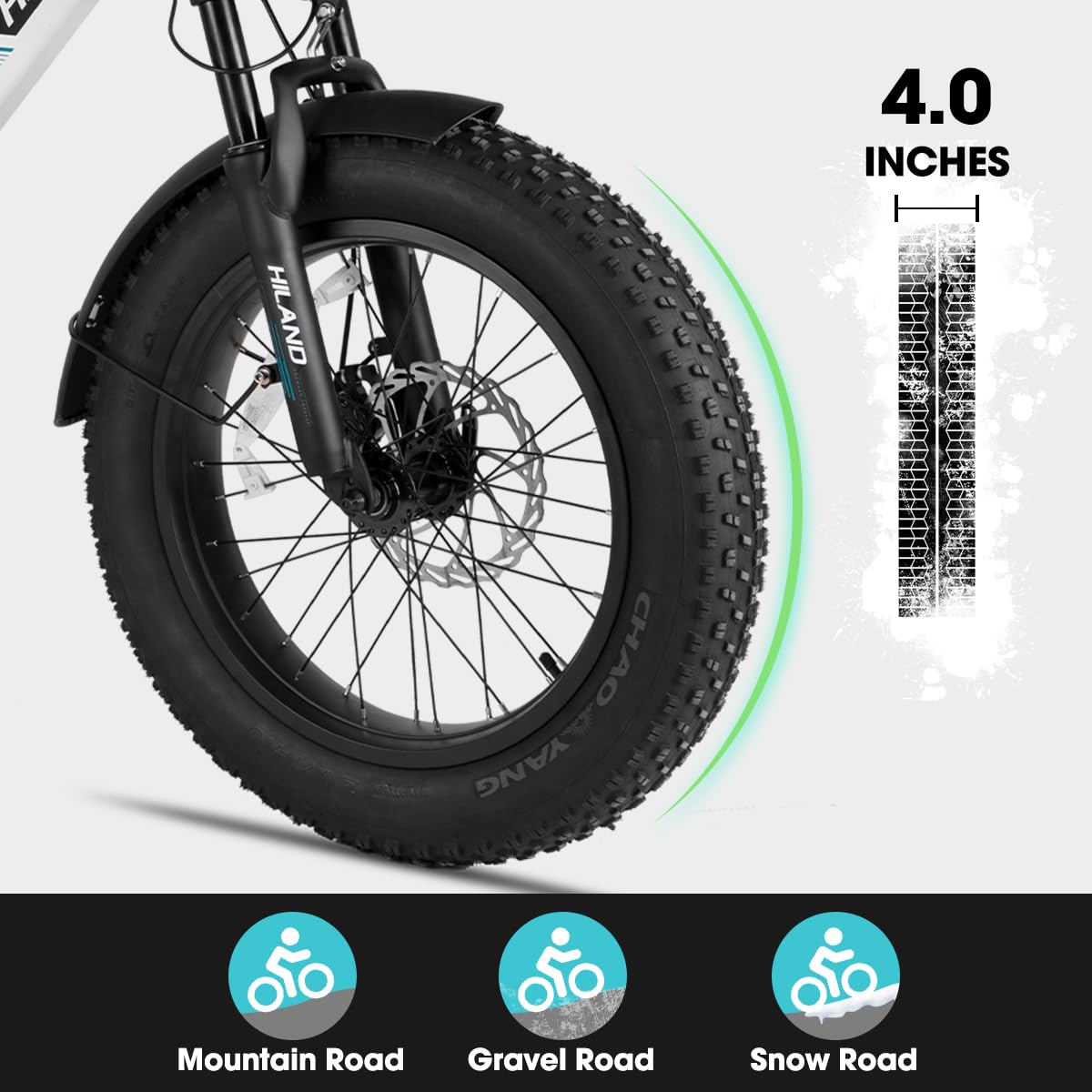 HILAND 20 Zoll 4.0 Fat Tire E Bike Cargo für Erwachsene, Aluminium Alloy Frame Fat Tire Elektrofahrrad, Suspension Fork Elektrofahrrad mit Gepäckträger für Damen und Herren Silber