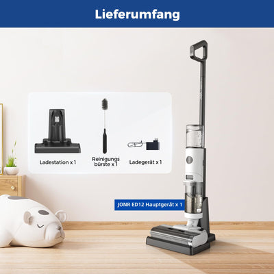 JONR ED12 Nass Trockensauger Akku, Kabelloser Nass Trocken Staubsauger Saugwischer Akku, Kantenreinigungsbürste 6mm, Selbstreinigung, 850mL Wassertank, Anti-Verwirrungs-Haar für Hartböden, Tierhaare