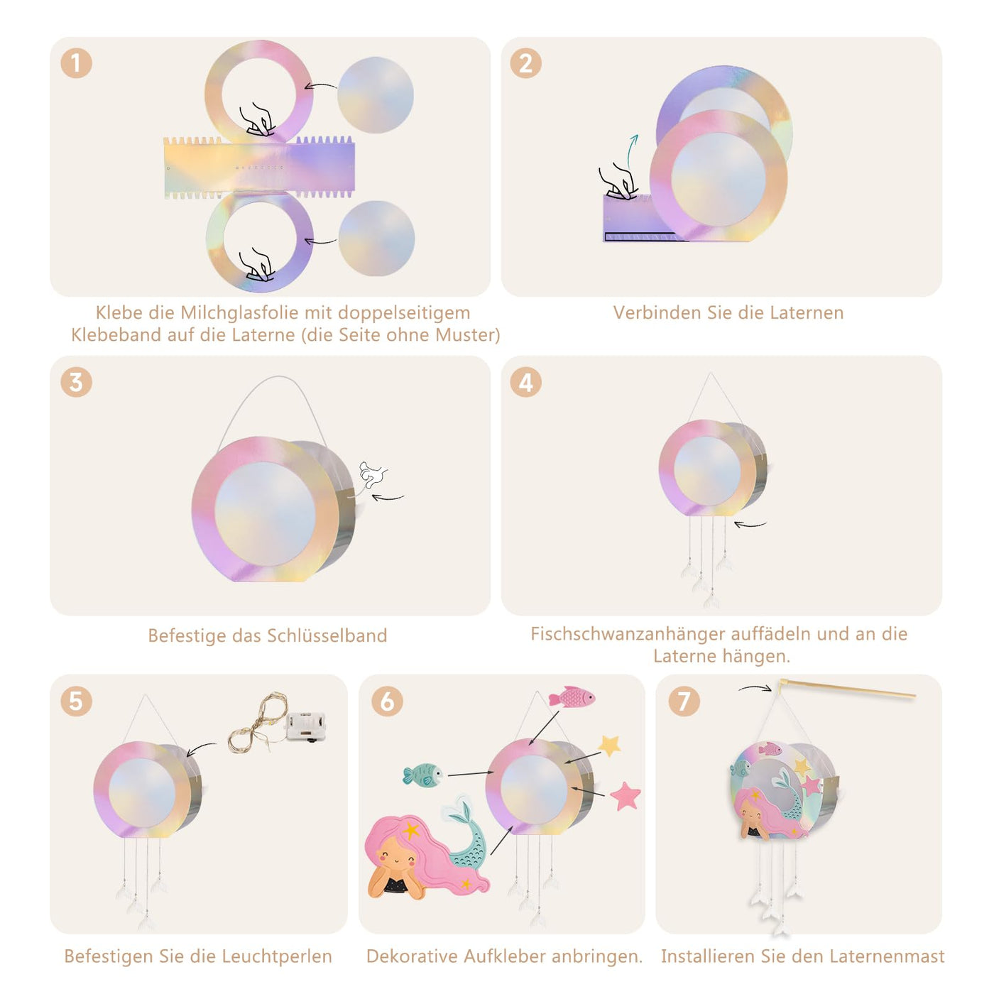 4 Stück LED Meerjungfrau Laternen Bastelset für Kinder, Martinslaternen, Bastelmaterial für eine Laterne, Papierlaternen Bastelset für St Martin, Halloween, Kostümpartys, Weihnachten, Kinderpartys