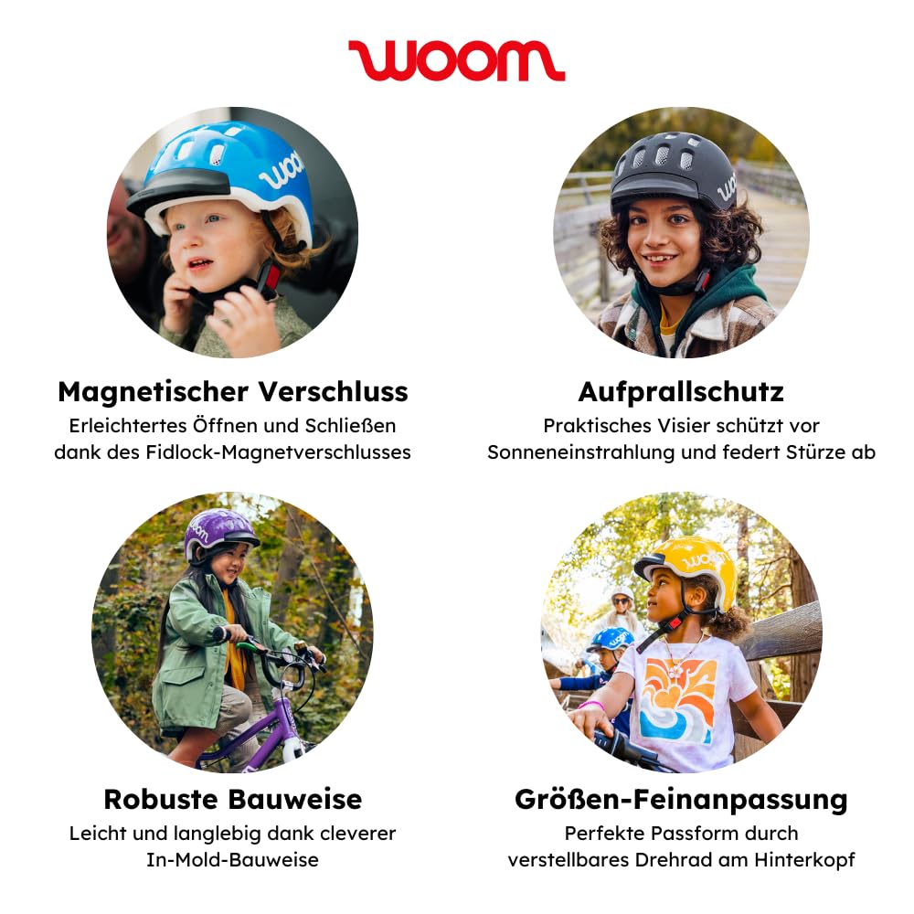 woom Kids Helm, Fahrradhelm für Kinder, mit Visier, für Jungen und Mädchen, 53–56 cm, Größe M, Verstellbar, Aufprallschutz, Rot (woom red)