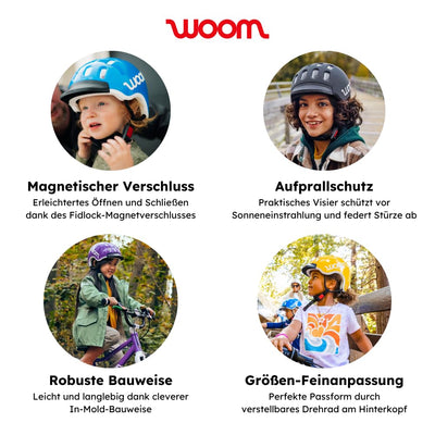 woom Kids Helm, Fahrradhelm für Kinder, mit Visier, für Jungen und Mädchen, 53–56 cm, Größe M, Verstellbar, Aufprallschutz, Rot (woom red)