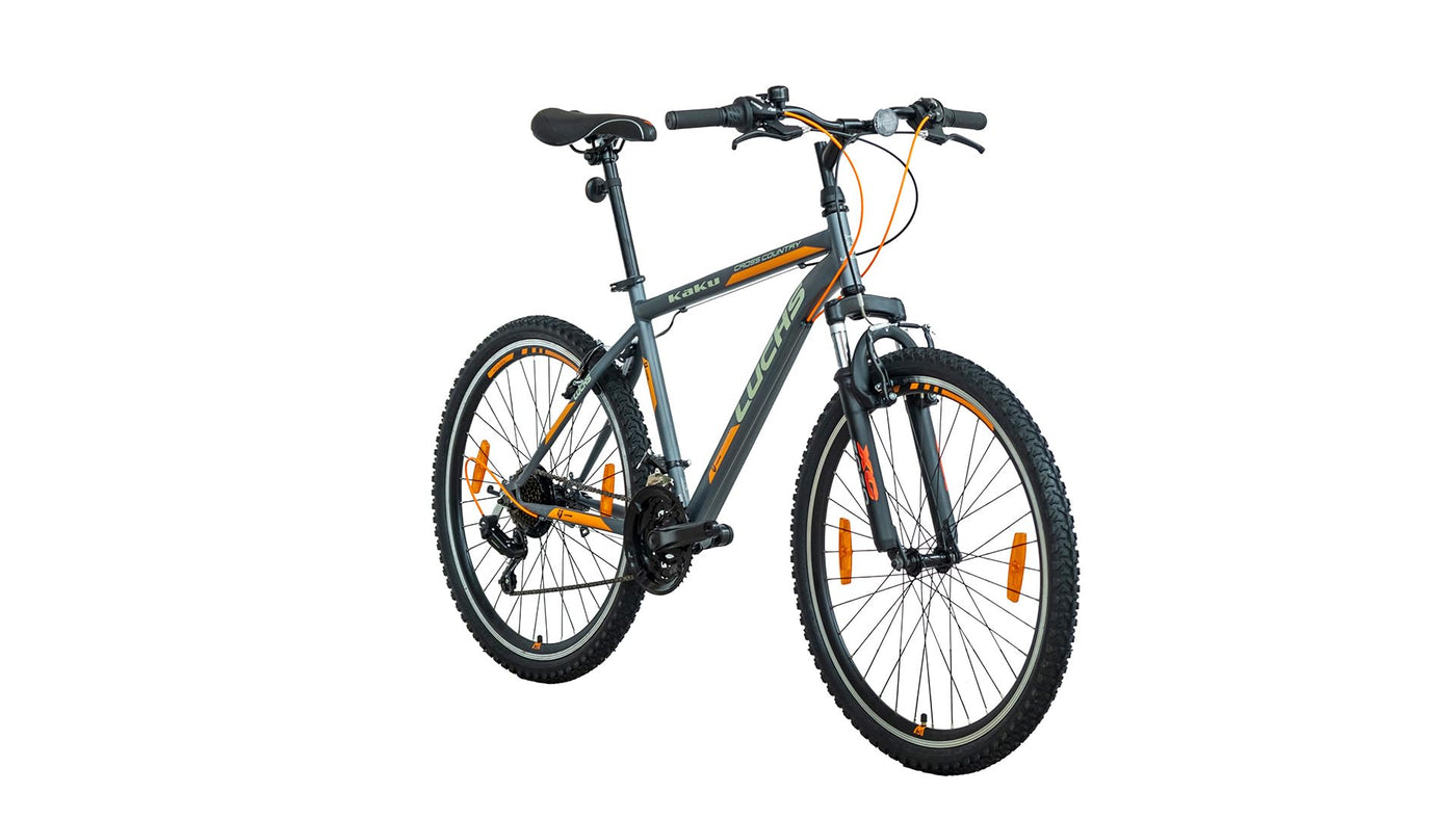 LUCHS "Kaku & Titan Mountainbike, MTB Jungen und Herrenfahrrad Vielseitiges Fahrrad mit 24", 26", 27.5" oder 29" und Federgabel (Silber/Orange, 24" Zoll (V-Brake))