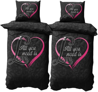 Leonado Vicenti Partner Bettwäsche 135x200 4 teilig Microfaser Schwarz mit Herz in Pink und Love Fotodruck mit Reißverschluss