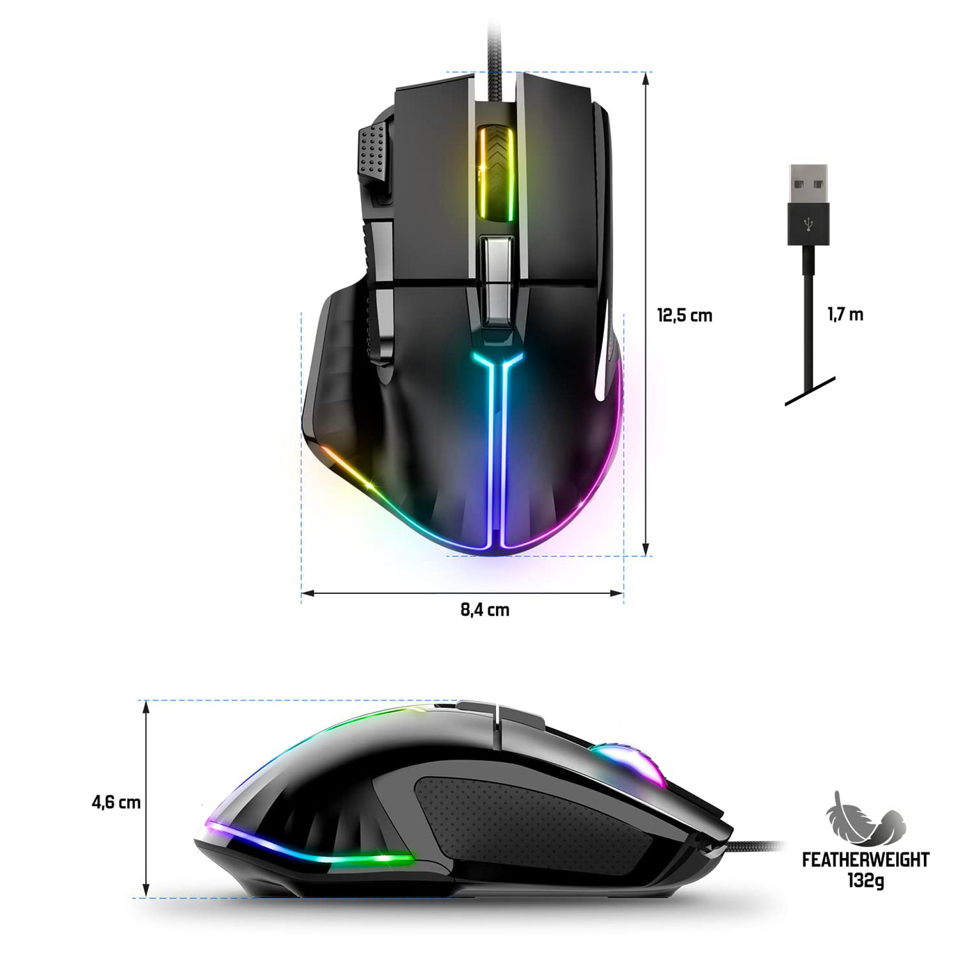 SPIRIT OF GAMER | Gaming Maus PC mit 12800 DPI | RGB Maus mit 8 Programmierbaren Tasten darunter 1 Rapid Fire | 13 Hintergrundbeleuchtungseffekte | Ergonomische Gaming Mouse mit Daumenauflage