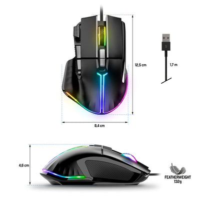 SPIRIT OF GAMER | Gaming Maus PC mit 12800 DPI | RGB Maus mit 8 Programmierbaren Tasten darunter 1 Rapid Fire | 13 Hintergrundbeleuchtungseffekte | Ergonomische Gaming Mouse mit Daumenauflage