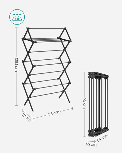 SONGMICS Wäscheständer, Standtrockner klappbar, kompakt, platzsparend, Stahlrahmen, 37 x 75 x 135,1 cm, einfacher Aufbau, für Innen- und Außenbereich, schwarz LLR770B01