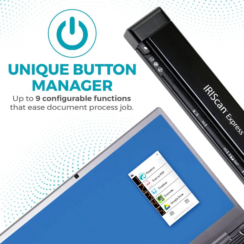 IRIScan Express Mobile Scanner-dokumentenscanner A4 8PPM -v4: PDF-Editor, Simplex, USB-betrieben, PDF-Scanner, Scan zu Word, PDF, XLS, Visitenkarten zu Outlook, Foto Scanner, Quittungsscanner Win
