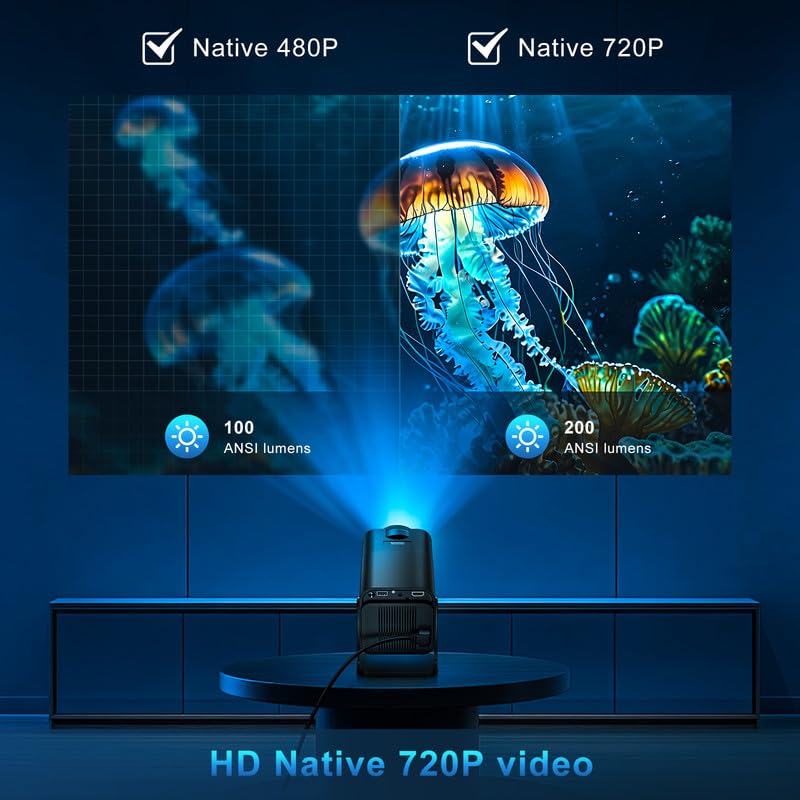Mini Beamer, 4K Full HD 1080P Projector, Unterstützt WiFi 6 und BT 5.0 mit Eingebaute Android OS 11.0, 150 Zoll, 360-Grad-Flip Smart Led Beamer, Auto Trapezkorrektur, für Phone/PC/PS5/Xbox, Schwarz