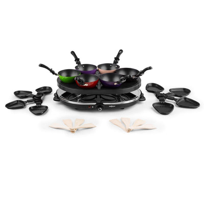 oneConcept Woklette - Raclette Grill, Tischgrill, Partygrill, Leistung: 1200 Watt, stufenlos regulierbare Temperatur, inkl. 8 Pfännchen und Holzspatel, Antihaftbeschichtung, schwarz