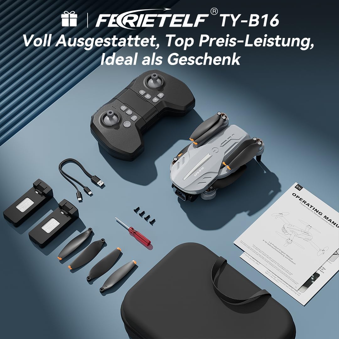 FERIETELF B16 GPS Drohne mit Kamera 4K für Erwachsene, Bürstenloser Motor, 5G FPV RC- Quadrocopter mit Auto Rückkehr & Auto Folgen, 50 min Flugzeit, C0 Faltbar Drohne für Anfänger, unter 249g