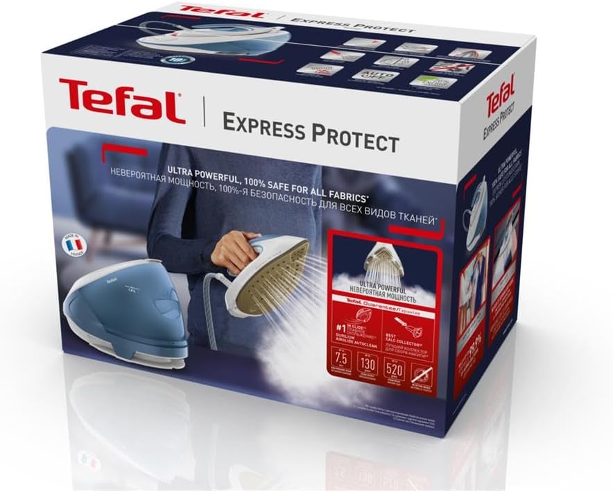 Tefal Dampfbügelstation Express Protect SV9202|7,5 bar|Dampfstoß:520 g/Min.|Dauerdampfmenge:130 g/Min.|Anti-Kalk-Kollektor|Durilium AirGlide Autoclean-Bügelsohle|2600w|1.8L|39.8x24.3x29.4cm|Weiß/Blau