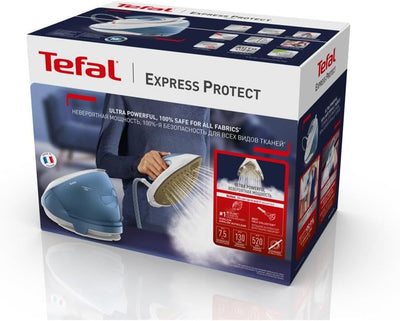 Tefal Dampfbügelstation Express Protect SV9202|7,5 bar|Dampfstoß:520 g/Min.|Dauerdampfmenge:130 g/Min.|Anti-Kalk-Kollektor|Durilium AirGlide Autoclean-Bügelsohle|2600w|1.8L|39.8x24.3x29.4cm|Weiß/Blau