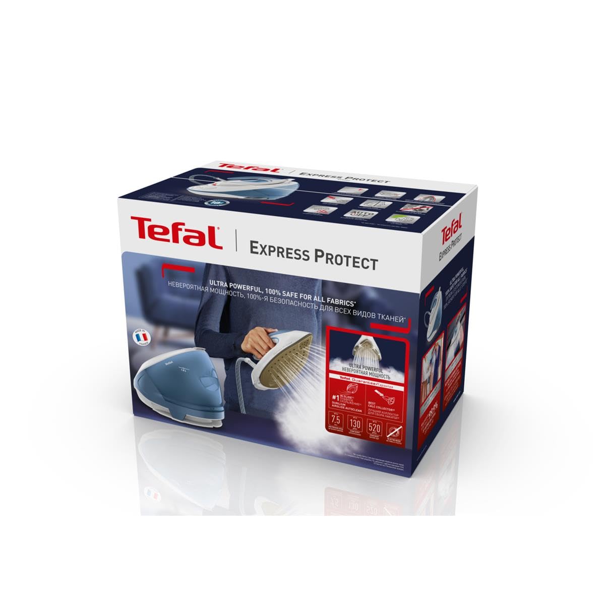 Tefal Dampfbügelstation Express Protect SV9202|7,5 bar|Dampfstoß:520 g/Min.|Dauerdampfmenge:130 g/Min.|Anti-Kalk-Kollektor|Durilium AirGlide Autoclean-Bügelsohle|2600w|1.8L|39.8x24.3x29.4cm|Weiß/Blau