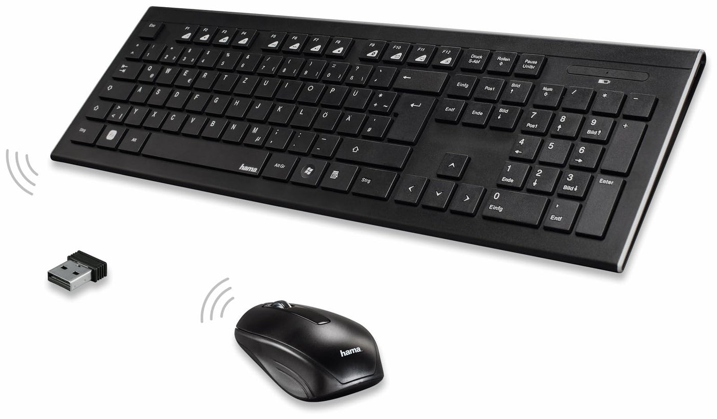 Tastatur und Maus Set (kabellos, 2,4 GHz Funktechnologie, 12 Mediatasten, Qwertz deutsches Tastenlayout, Nummernblock, Keyboard)