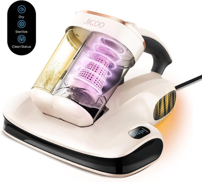JIGOO S100 Milbensauger, Milbenstaubsauger für Matratzen mit Staubmilben-Sensor, intelligenter LED-Anzeige, Vibration, UV-C Licht, Ultraschall, Antimilben-Staubsauger entfernt 99,9%, für Allergiker