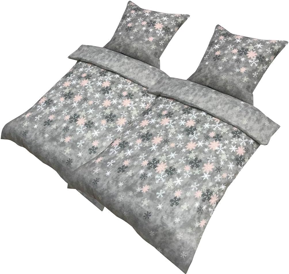 Leonado Vicenti Winter Bettwäsche 155x220 Thermofleece Flauschig Garnitur Set Bettbezug Schlafzimmer 4 teilig Schneeflocken Rosa Grau