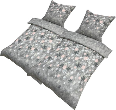 Leonado Vicenti Winter Bettwäsche 155x220 Thermofleece Flauschig Garnitur Set Bettbezug Schlafzimmer 4 teilig Schneeflocken Rosa Grau