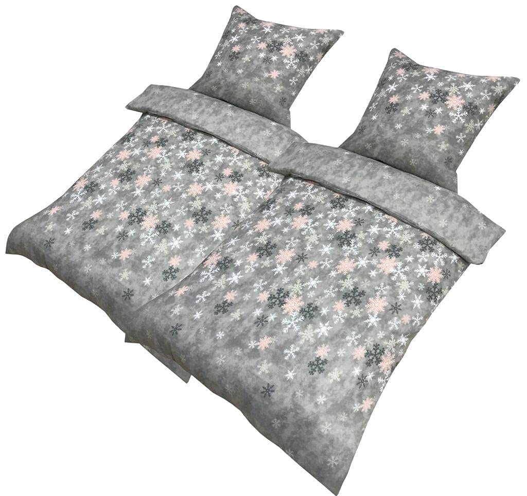Leonado Vicenti Winter Bettwäsche 155x220 Thermofleece Flauschig Garnitur Set Bettbezug Schlafzimmer 4 teilig Schneeflocken Rosa Grau