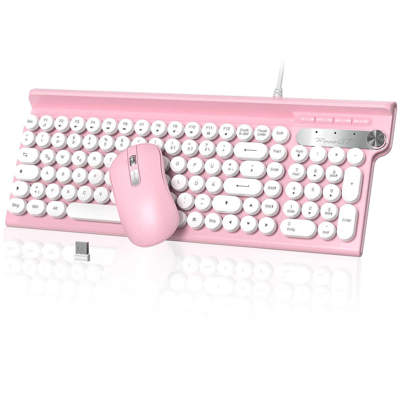 Tastatur Maus Set,RaceGT Tastatur Rosa Retro Schreibmaschine Tastatur Bunt Maus und Tastatur mit Handyhalterung Tastaturen Tastatur Kabel Keyboard für PC Mac Computer Laptop QWERTZ Deutsch