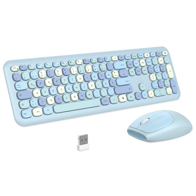 PINKCAT Tastatur Maus Set kabellos farbig, 2.4G Bunte Funktastatur mit Maus Retro Tastatur Cute Wireless Keyboard Silent Mouse für Computer/Desktop/PC/Laptop Geschenke - Blau
