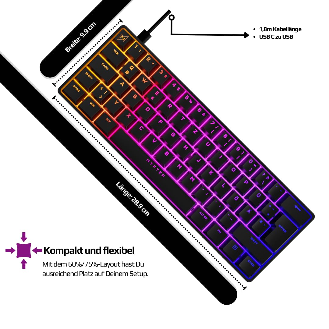 Nyfter - 60% Gaming Keyboard - NYFBOARD GEN2 Gaming Computer Tastatur mit Gateron Yellow Switches - HOT-SWAPPABLE Deutsches Tastatur QWERTZ mechanisch RGB keyboard ISO-DE Layout für Gamer (Black, 60%)