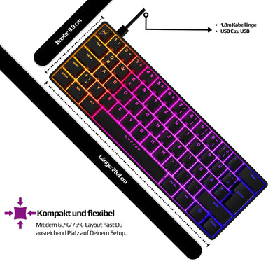 Nyfter - 60% Gaming Keyboard - NYFBOARD GEN2 Gaming Computer Tastatur mit Gateron Yellow Switches - HOT-SWAPPABLE Deutsches Tastatur QWERTZ mechanisch RGB keyboard ISO-DE Layout für Gamer (Black, 60%)